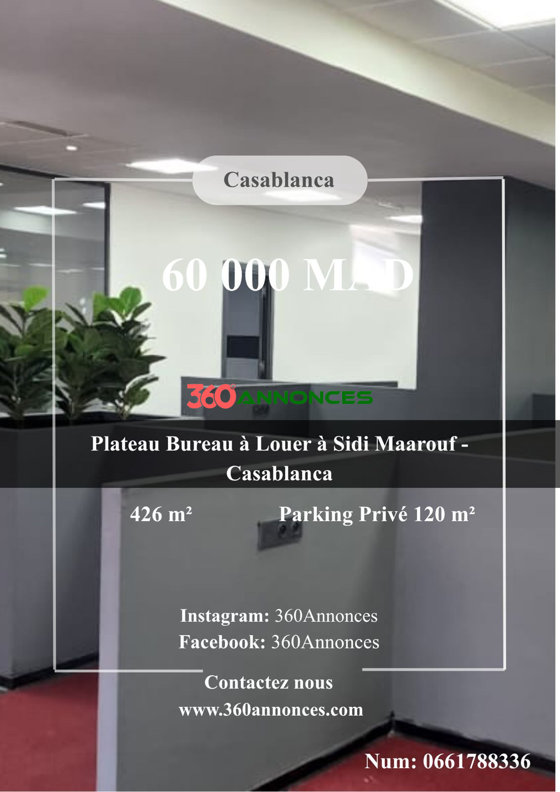 Premium Office Board for Rent – Sidi Maarouf, Casablanca 426 m² | Private Parking 120 m² | 60,000 DH / month