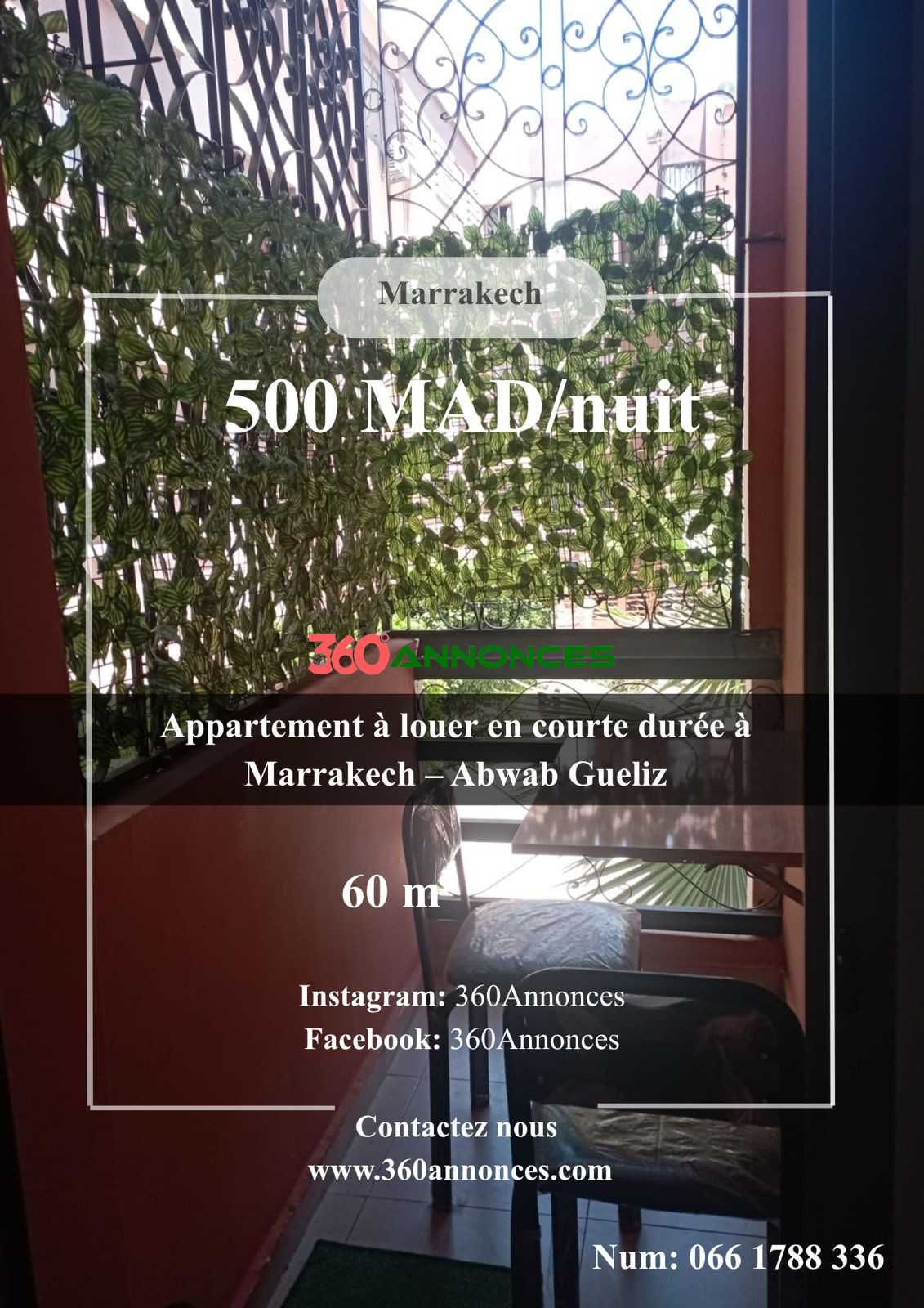 Short-term apartment for rent in Marrakech – Abwab Gueliz | 60 m² | 500 DH per night