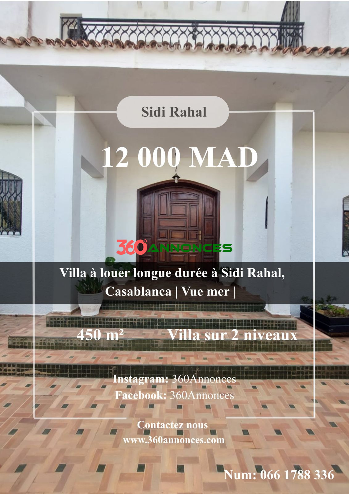 Villa for long-term rent in Sidi Rahal, Casablanca – 450 m² | Sea view | Garden 150 m² | From 12,000 DH/month