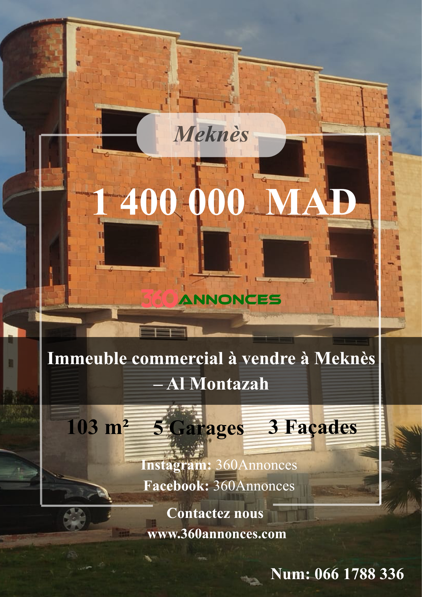 Commercial building for sale in Meknes – Al Montazah | 103 m² | 3 facades | 1,400,000 DH