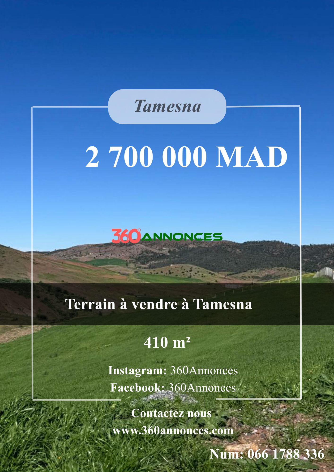 Land for sale in Tamesna – Villa area | 410 m² | 2,700,000 DH